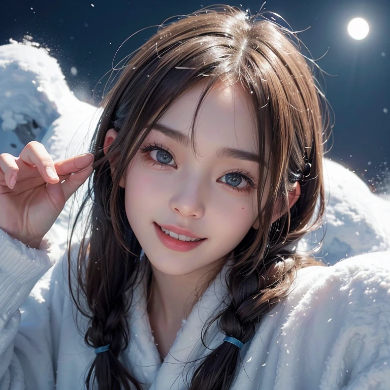 Snow Mountain、 ((Highest quality、masterpiece、8k、Best image quality、Ultra-high resolution、Award-winning works)、(Accurate anatomy:1.1)、(Look at me and smile:1.1)、Shining fair skin with Ultra-high resolution、The most detailed face、Ultra-high resolution detailed face、White short hair blowing 、(Ultra-high resolutionの煌めく瞳:1.1)、Beautiful face drawn in every detail、A moonlit night with heavy snow、Warm Inuit clothing, tattoo, There's a real wolf next to me:1.5