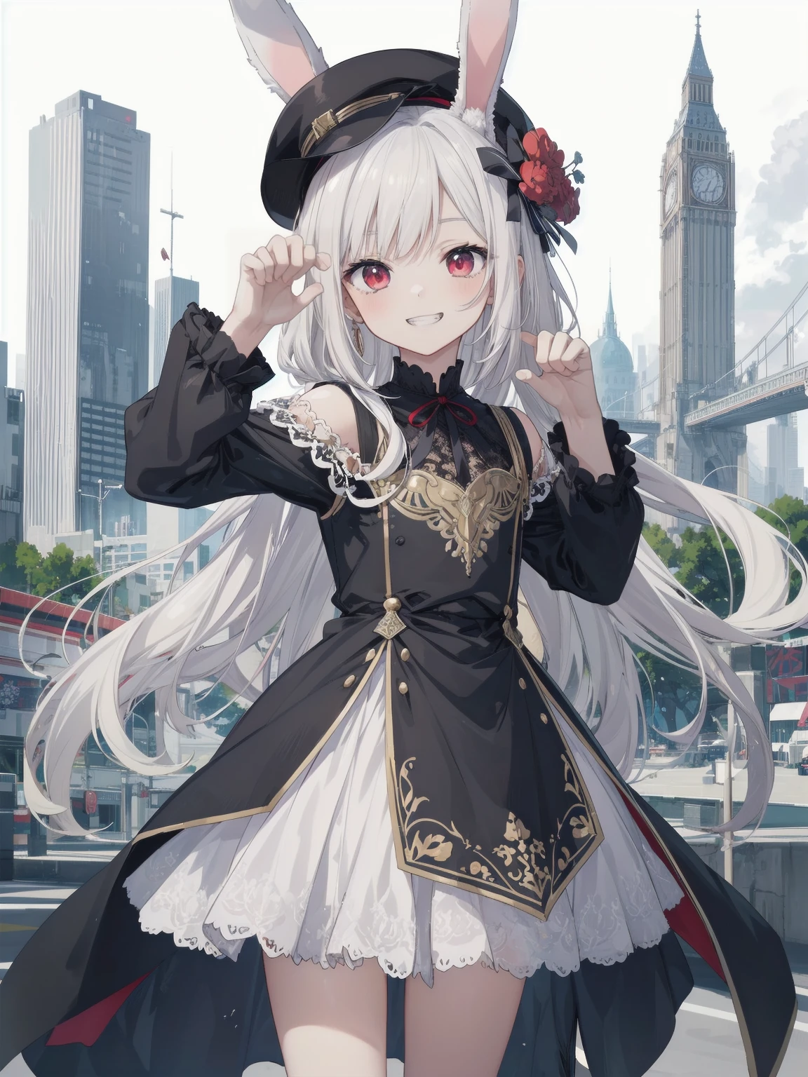 (Manga style),(Line art_anime),(Cowboy Shot, Highest quality, ),(Photo by Laura Budd:1.2),(Laura Add details:1.0),8k, Flat Color:0.8,1 girl,smile、(A very decorative and intricate dress, Lace flare dolphin hat、Building Background、Complex mechanized cityscape、1.5) 、paw pose、It has a rabbit tail、Bunny ears、Red eyes,happy, grin、White Hair