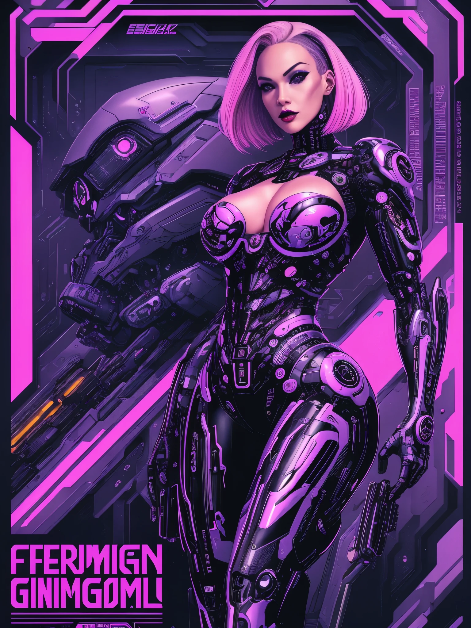 Feminine cyborg, magazine cover, poster art , hint of vibrant, bold sexy text