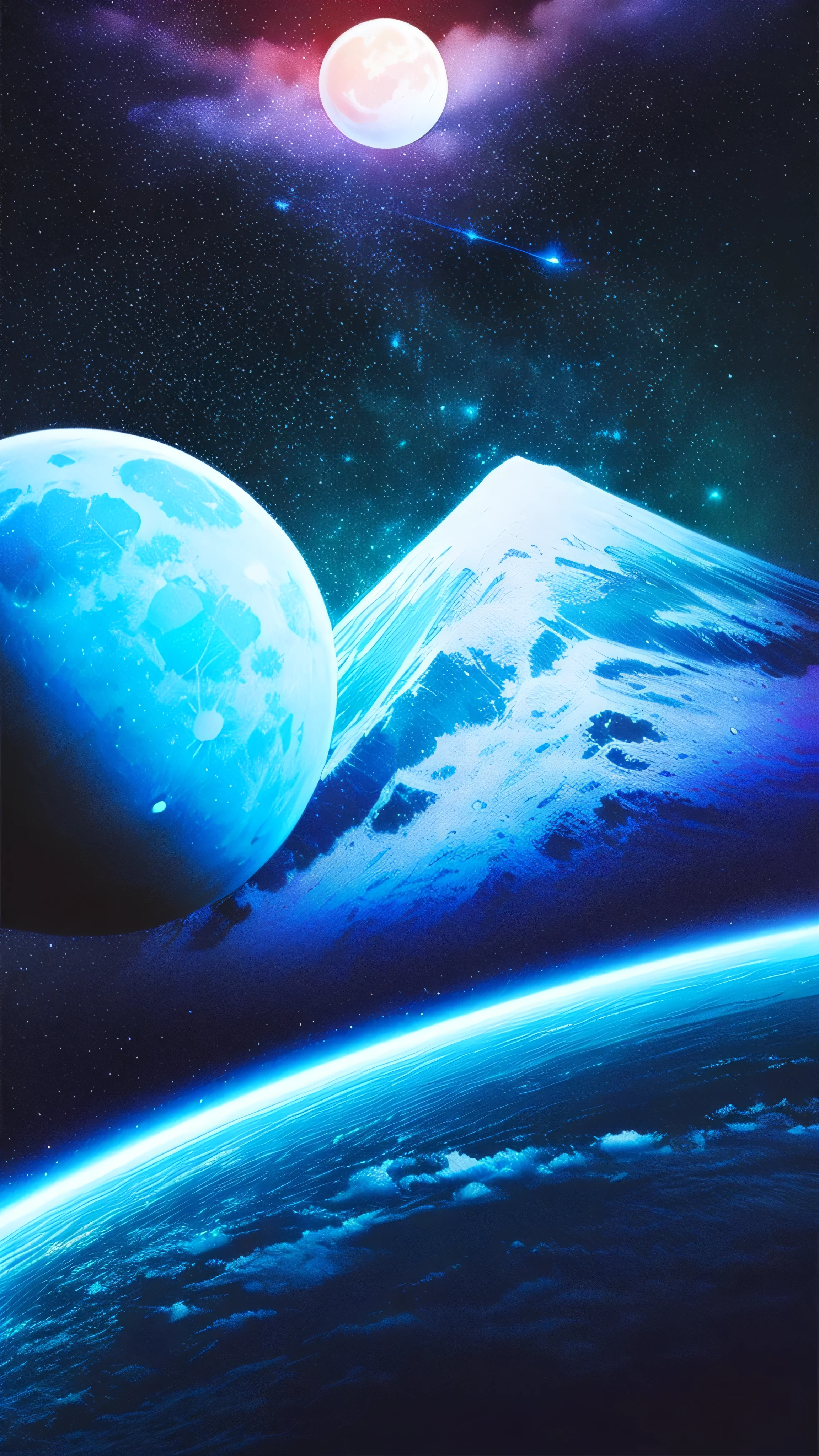 ((((Super Illustration Style:1.0)))),Highest quality,Best Anime,masterpiece,Ray Tracing, Global Illumination,Blue Theme, scenery, No humans, null, star (null), night, moon, night null, Outdoor, starry null, Mountain, full moon, horizon