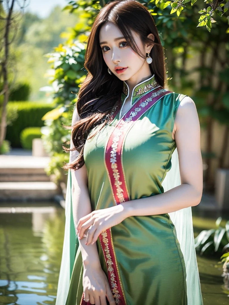 (((HD photo))), ultra high res.photorealistic:. 1.4, UHD a woman in a beautiful garden, wearing a traditional shalwar kameez dress, standing gracefully with a serene expression. The woman has almond-shaped eyes with long eyelashes and perfectly shaped eyebrows. Her lips are full and delicately detailed, adding to her beauty. The shalwar kameez dress is made of fine silk fabric with intricate embroidery, displaying vibrant colors and patterns. The garden is filled with blooming flowers, lush green trees, and a tranquil pond. The sunlight gently filters through the foliage, casting a warm and soft glow on the scene. The image is of the highest quality, with ultra-detailed textures and realistic rendering. The colors are vivid and vibrant, creating a visually stunning masterpiece.