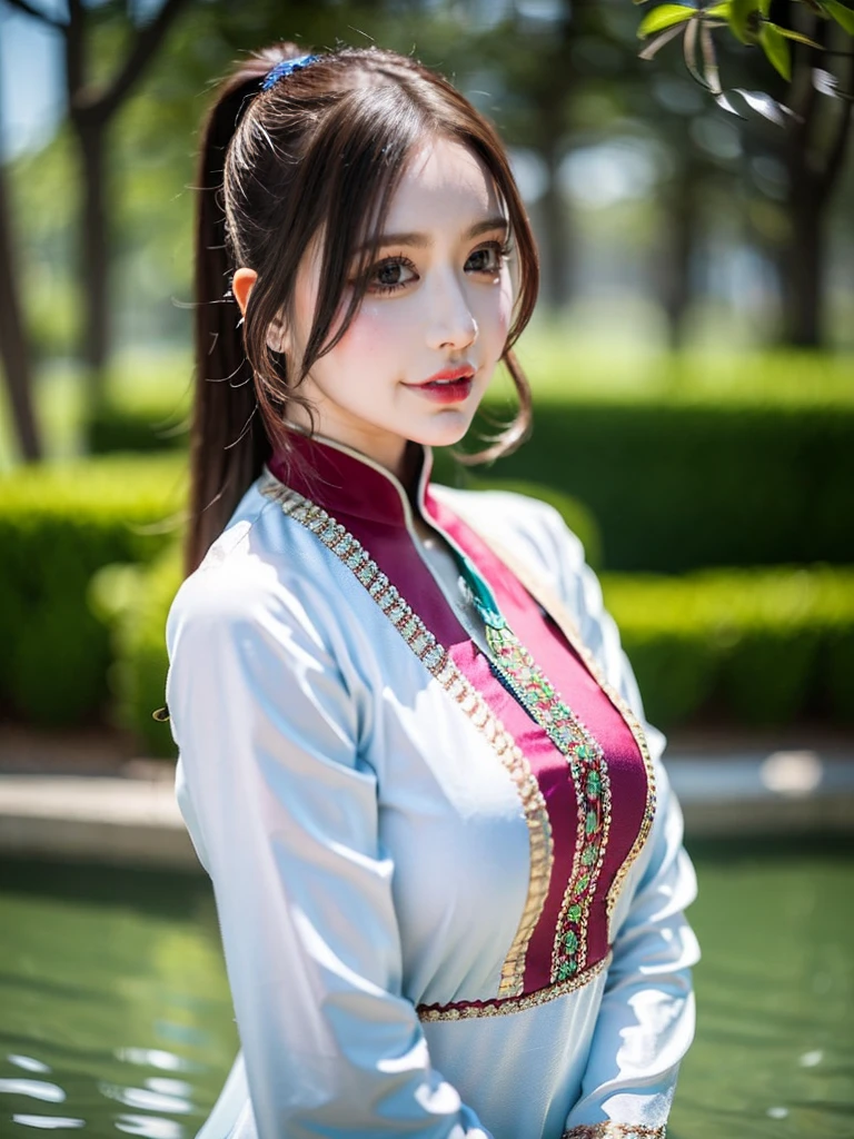 (((HD photo))), ultra high res.photorealistic:. 1.4, UHD a woman in a beautiful garden, wearing a traditional shalwar kameez dress, standing gracefully with a serene expression. The woman has almond-shaped eyes with long eyelashes and perfectly shaped eyebrows. Her lips are full and delicately detailed, adding to her beauty. The shalwar kameez dress is made of fine silk fabric with intricate embroidery, displaying vibrant colors and patterns. The garden is filled with blooming flowers, lush green trees, and a tranquil pond. The sunlight gently filters through the foliage, casting a warm and soft glow on the scene. The image is of the highest quality, with ultra-detailed textures and realistic rendering. The colors are vivid and vibrant, creating a visually stunning masterpiece.