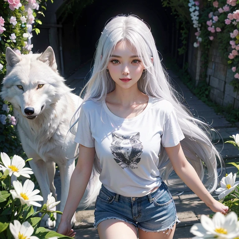 Walking through a tunnel of flowers, Flower Tunnel Windy Weather, White Wolf、 ((Highest quality、masterpiece、8k、Best image quality、Ultra-high resolution、Award-winning works)、(Accurate anatomy:1.1)、(Look at me and smile:1.1)、Shining fair skin with Ultra-high resolution、The most detailed face、Ultra-high resolution detailed face、Short, flowing white hair 、Beautiful face drawn in every detail,T-shirt and shorts, Modest chest , A real wolf next to a girl 