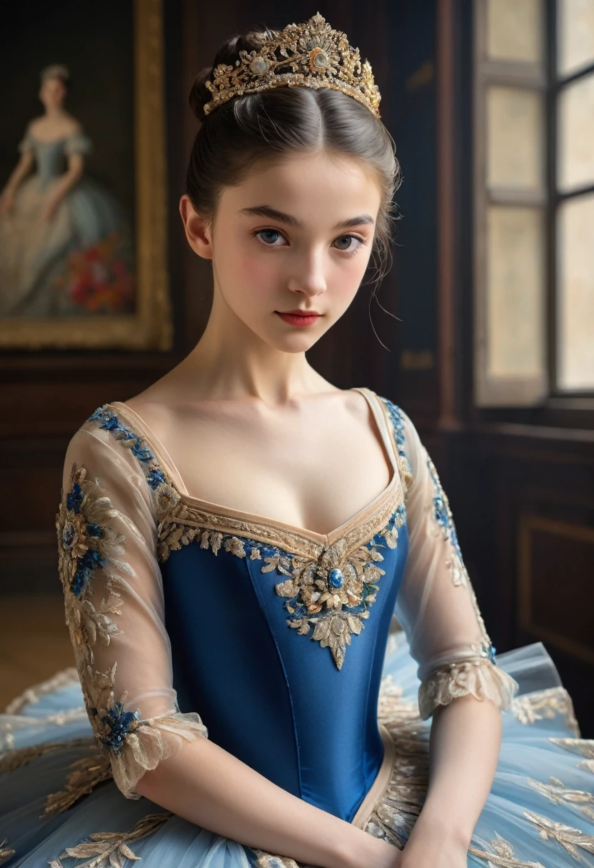 (high resolution,masterpiece:1.2),(Practical:1.37)"(best quality, high resolution, Extremely detailed, Practical),Beautiful portrait of a 16-year-old French ballerina from the 19th century, (She is of French and Japanese descent., She is a beautiful woman with deep blue eyes and a high nose:1.1), Exquisite ballet costumes, Detailed facial features, Slender and graceful neck, Flowing hair, Elegant posture, Soft and delicate lighting, Oil painting medium, Vibrant colors, Subtle background with floral pattern", Dreamy atmosphere, Surrealism,Mysterious atmosphere