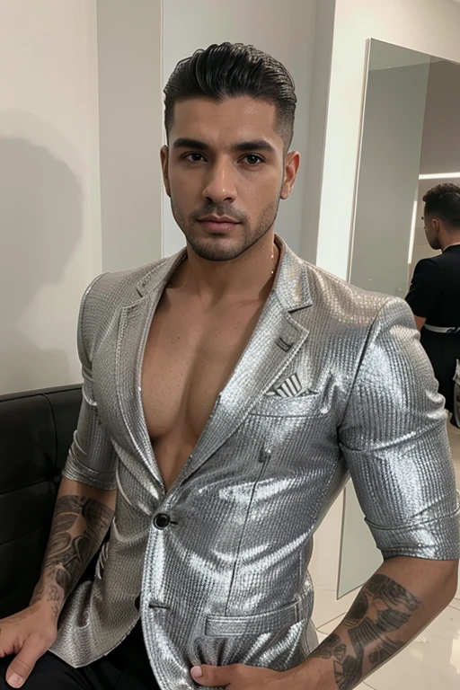 (masterpiece, intricately detailed, highest resolution, best quality:1.2), (doujin), a cocky Brazilian Instagram influencer, buzz cut, a 24 y.o muscle stud with a muscular physique sitting on a chair with black eyes,full-body tattoo, dark-skinned male, clean shaven, wearing a ((open jacket, big chains, chav, armbands)), ((excessive cum)) ((cum on body)) (cum drip), flaccid penis,saggy balls,hairy chest,vascular,muscle striations,soft light,fantastic realism, colth