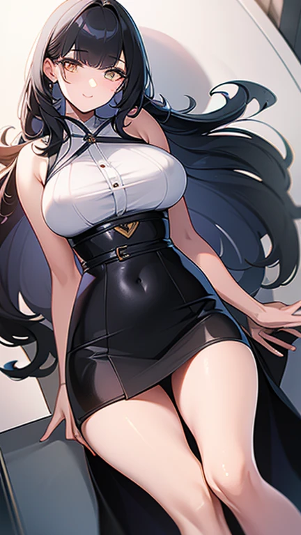 masterpiece, Highest quality:1.2),8k, 4K High Resolution, Super detailed, High-quality texture,High detail, High Quality Shadows, Beautiful and delicate face down to the last detail, Beautiful and delicate eyes、One Woman, alone,Shiny skin、Very large breasts、Very thick legs、Are standing、Composition from the front、smile、Look forward、Stand up straight,Looking into the camera、Draw a face、Golden eyes、Black Short Hair、Depth of written boundary、Black tight skirt、White sleeveless business shirt