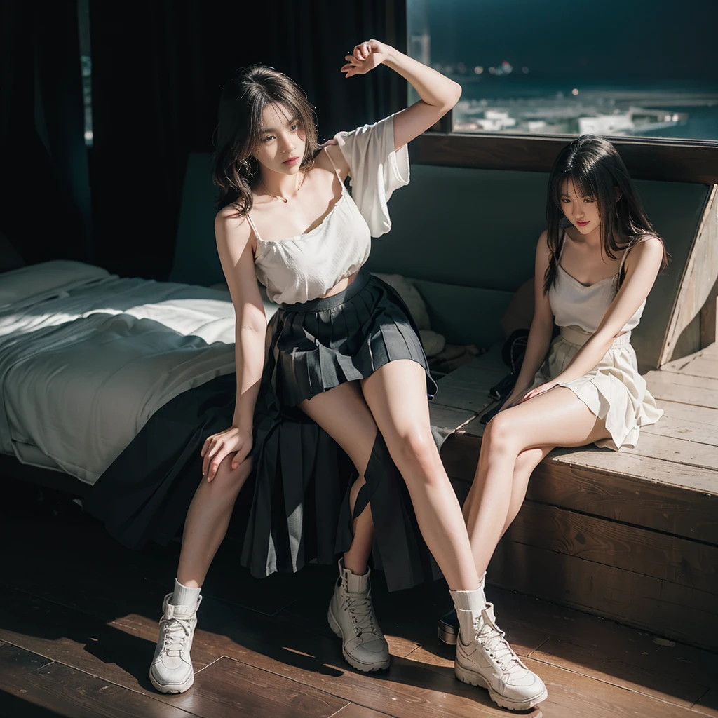 (Oversized T-shirt with excess fabric when tucked into a skirt), (Skirt full thigh), (knee-length outfit), (white strapless DRESS), (white strapless DRESS), (center shoes shot), ((full-body standing image)), (cover knee), (Scottish pleated skirt), (bare shoulders), (bare arms), twinsies、The ultra-detailliert, (white t shirt), (cotton spaghetti-strap top), (cotton spaghetti-strap top), (cotton spaghetti-strap top), (cotton spaghetti-strap top), (long skirt), (A hem full flared skirt), (Hem full flared dress), (a girl pretty girl with perfect figure), (a photo of the night sky), (32K,1 20-year-old girl, The light from the rear room is backlit, Ray traching), (full body), (two-parted hair), (very thick hair), (Slender chest), (short upper chest), (pectoral muscles are large), (upper breasts are firm and round), (stand upright), (two shoe ends), (two shoe toes) ,(put on blush), (apply powder), (makeup), (standing), (asian girl princess), (Black non-reflective fabric for making skirt), (dark skirt), (thick thighs), (large calves), (large knees), (one-piece skirt), (seamless skirt), (long shins) , (big shins), (A hem full flared skirt), (Hem full flared dress), (A hem full flared skirt), (thighs meets knee), (black skirt), (black skirt), (black skirt), (black skirt), (knee gap), (knee gap), (knee gap), (Expose cleavage :1.3), (Scottish pleated midi skirt) (Super fine face and eyes), (Highly detailed face and skin texture, Detailed eyes, Double eyelid), (stading shot), (stading shot), , (Scottish pleated midi skirt), (Scottish pleated midi skirt), (knee-length outfit), (knee-length outfit), (knee-length outfit), (knee-length outfit), (Skirt full thigh), (Skirt full thigh), , (white sneakers), (a pair of white leather boots, highly detailed boots)
