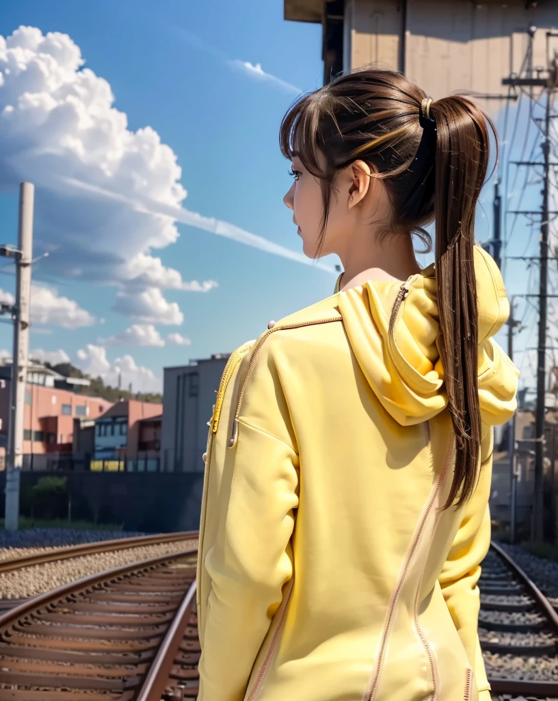 (Highest quality, 32k, High resolution, Masterpiece:1.5, ), marimo_jet, god々A photograph with brilliant dazzling and healing power., Evoking a sense of calm and elusive beauty, Expressing emotions, Have a rich imagination, The road to the horizon, Nostalgic scenery of youth, Beautiful Japanese Girls, ((Back view of a person walking on the railroad tracks:1.4)), An exceptionally beautiful face, Small Face Beauty, Perfect Human Anatomy, Magical big eyes, Motherhood and generosity, Deep Love, fleeting smile, ((Shiny brown hair:1.1)), ((A beautiful ponytail swaying in the wind)), Asymmetrical bangs, Hair between the eyes, Transparent, soft white skin, Sharp eyebrows, Thin lashes, Natural Makeup, Cheek highlighter, Pale pink detailed lips, (Yellow Zip Hoodie), Slim figure with ample breasts, High resolutionの美しい太もも, Beautifully detailed skies, Professional Lighting, Professional photographer, Professional models, god秘的
