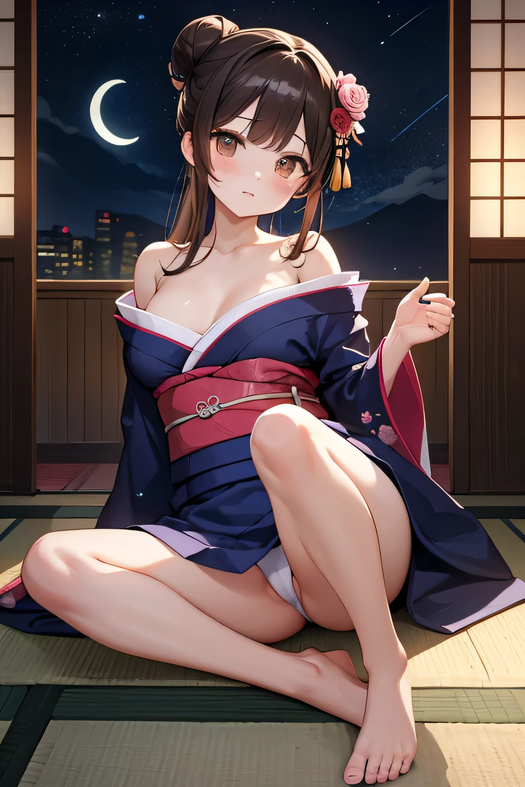 (Photorealistic:1.8, Highest quality:1.8,8K masterpiece:1.8,High resolution,Mastepiece:1.8,RAW Photos,Cinematic lighting)、
Dark Brown Hair、Light brown eyes、Japanese actress face、Shudu、D cup size breasts、Long Hair、Updo Style、Updo、Hair Bun、One Girl、A look of deep sadness、(Highly detailed beautiful face)、(Beautiful and cute orchid-style floral kimono:1.5)、(One shoulder is bare.:1.3)、(Highest quality:1.4)、(Super detailed)、Beautiful fair skin、Sit down、Open your mouth a little、Feet visible through kimono、Weakness Pose、Obscene pose、Japan Kimono、kimono、Place your hands on the floor、barefoot、Crescent moon background shining in the night sky、holding a red rose in hand、Draw a silhouette、leaning against the wall、Spread your legs、Please bend your legs、Black Pink Jenny's pause、leaning against the wall、whole body、Plump、Genitals are visible