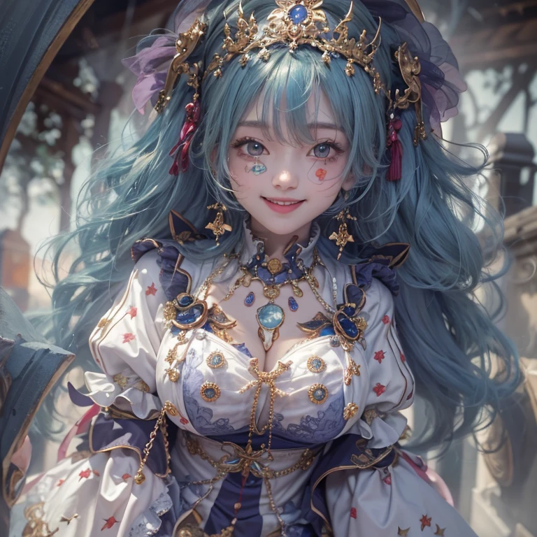 Standing in the grave、Hair flow、 ((Highest quality、masterpiece、8k、Best image quality、Ultra-high resolution、Award-winning works)、(Accurate anatomy:1.1)、(Look at me and smile:1.1)、Shining fair skin with Ultra-high resolution、The most detailed face、Ultra-high resolution detailed face、Ultra-high resolutionの髪の毛、(Ultra-high resolution eye:1.1)、Beautiful face drawn in every detail、Cheerful clown costume, Chest to chest, Strange atmosphere, Ghosts flow, Dark Light, At the cemetery
