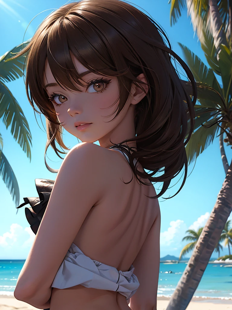 masterpiece, rich colors, Best quality, detailed, high resolution, Hyper quality, high detail, , high quality, detailing, skinny sexy girl on the beach , bright lighting , Brown eyes, Anime, palm trees, bright lighting,