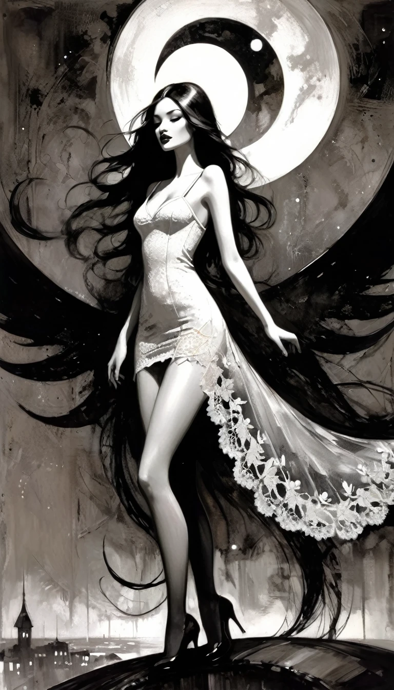 Sexy Girl and Crescent, Night, Lace Dress Black and White Picture, Dress Train Flies By Image (Art Inspired by Bill Sienkiewicz, Oil Painting)
