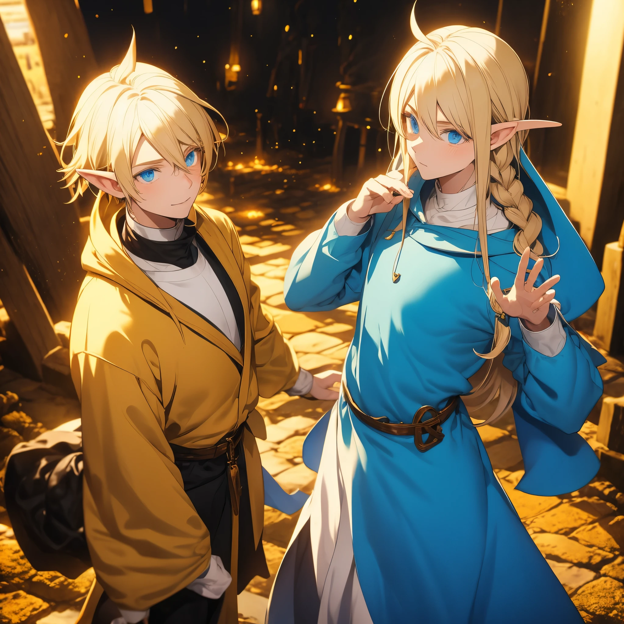 Elf male,blond hair,blue eyes,medium build, dressed in a yellow hoodie,against the background of a medieval elf city, anime style