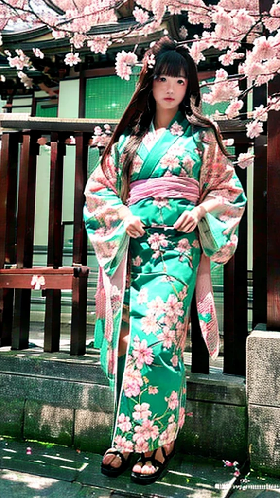 Realistic , photorealistic , masterpiece , best quality , super quality , ((ultra detailed)), extremely detailed , highers , Raw Photo , 16k portrait , curvy , gloss skin , full body , long hair , eruption , (cherry blossoms) , WALK , Inside the temple , (Serious) , kimono