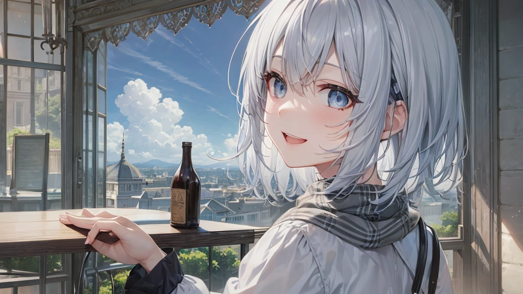 Her eyes were shining、Mysterious and enchanting atmosphere。With AI Painting、とてもShort Hair, Long bangs between the eyes, Grey Eyes , Very detailed,(masterpiece、Highest quality)、alone、Gray Hair、Fantasy, Silver Hair, Beautiful Eyes,Ecstasy, charm, attract the audience, Fantasyな風景、White shirt、smile、Open your mouth、Scarf、short hair、Short Hair、hairpin、Dark Eyes