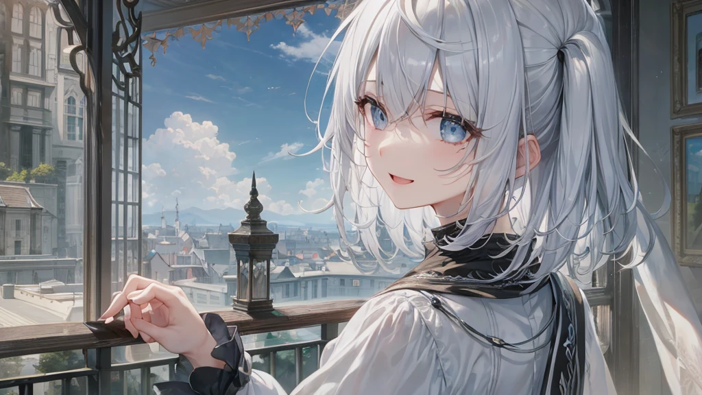 Her eyes were shining、Mysterious and enchanting atmosphere。With AI Painting、とてもShort Hair, Long bangs between the eyes, Grey Eyes , Very detailed,(masterpiece、Highest quality)、alone、Gray Hair、Fantasy, Silver Hair, Beautiful Eyes,Ecstasy, charm, attract the audience, Fantasyな風景、White shirt、smile、Open your mouth、Scarf、short hair、Short Hair、hairpin、Dark Eyes