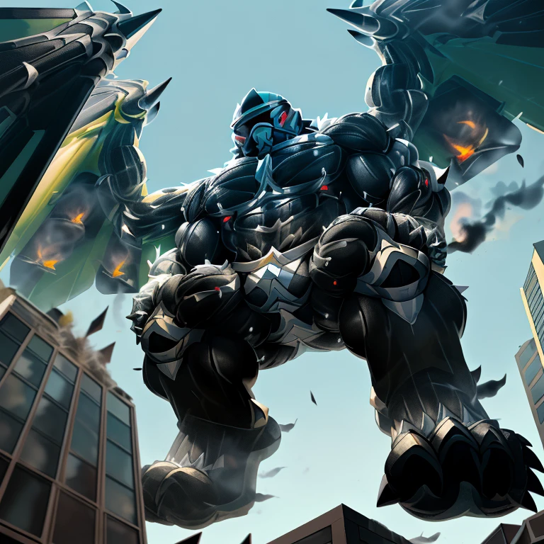 (masterpiece. official art. 8k. best quality. detailed full body. full body.)

(situation 1 : dominating LUCARIO. focus GIANT mechanical Muscular LUCARIO is trampling the CITY. macro. stomp. Low-angle perspective. emphasizing the immense size. The perspective is from below, emphasizing the sheer majesty and power of the Giant. giant art. He is much bigger than a skyscraper. Giga Giants. micro soccer field. looking down.)

(situation 2 :smoke and flames rising from the destruction in the city)

(Additional details 1: wearing a full-face helmet. helmet is jet black. The color of NANOSUIT is jet black. high-tech bio-mecha armor. real texture material. whole body shines like metal. Wearing cyberpunk mecha. emphasizes the muscles. suit fully made of metal. intricate armor. Robotic suit. suit fully made of metal. NANOSUIT with the same design as LUCARIO.).

(Additional details 2: (Detailed head. Detailed Body. Detailed abs. gigantic muscles. HYPER MUSCLES. Gigachad Muscular. big muscle. pecs. triceps. traps. unusually developed muscular body. body full of huge muscles. showing off muscles. pectorales enormes. Exaggeratedly huge muscles. huge muscles. long legs.).

(Additional details 3: nj5furry, Spread wings. It has wings. black have big wings. The claws are sharp. Sharp teeth.5 toes.). 