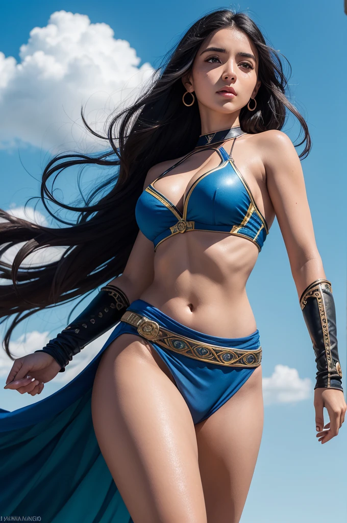 rosto perfeito, Morena de 20 anos pulando sobre um touro, completamente nua, pele clara, arena arenosa com paredes romanas brancas, blue sky, High definition, vibrant color sorting, epic fantasy
