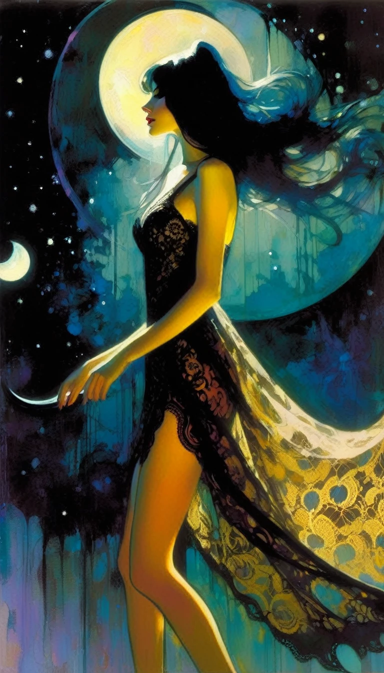 Sexy Girl and Crescent, Night, Lace Dress , Dress Train Flies By Image (Art Inspired by Bill Sienkiewicz, Oil Painting)
