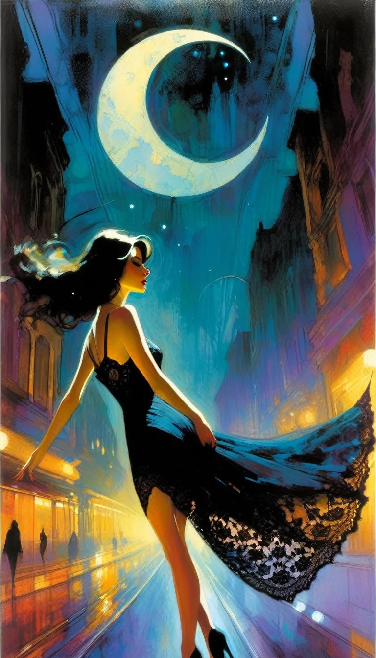 Sexy Girl and Crescent, Night, Lace Dress , Dress Train Flies By Image (Art Inspired by Bill Sienkiewicz, Oil Painting)