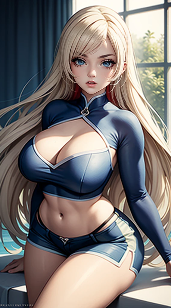 Blonde, straight hair, blue and green eyes, big breasts, white crop top, shorts, curvy hips, smile, seductive