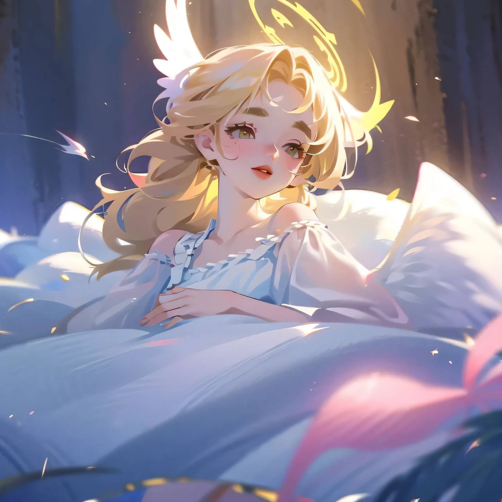 (High quality) (best quality) (A woman) (correct physiognomy) (best quality, 4k, 8K, high resolution, masterpiece: 1.2) woman, Extremely beautiful, Around 20 years old, long blonde hair with bangs on the back front, four small angel wings emerge from her head, two on the left side and two on the right side, two angel wings coming out of her back, a golden halo behind her head, golden eyes, sensitive lips, middle age, white dress with straps on the shoulders, skirt cut diagonally leaving one leg exposed, soft facial features, fine eyebrows, soft skin, slightly rosy cheeks, pink lips, silky eyelashes, dreamy expression, photo location the woman must be in a pond with water and fish in the middle of the forest, photo illuminated by sunlight, full body proportion, showing in the photo the body from head to torso