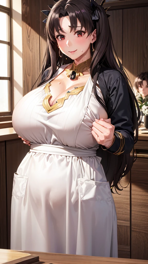 (Mature Woman:1.5), (mother:1.5), Ishtar, Fate Grand Order, (Absurd, 8k, 4K, Tabletop, Extremely detailed:1.2), Highest quality, Perfect Anatomy,Perfect Face, High humidity, (alone:1.2), (Sweaty:1.3), shortness of breath, High humidity, humid, (Black Hair:1.1), Red eyes, Looking into the camera, (Very large breasts:1.75), Light clothing, apron, (kitchen;1.1), (Having a conversation:1.2), (Speech bubble:1.1), A kind smile, relief, peace of mind, mother性, Cooking, have a ladle, pot, pot-au-feu, Gentle look