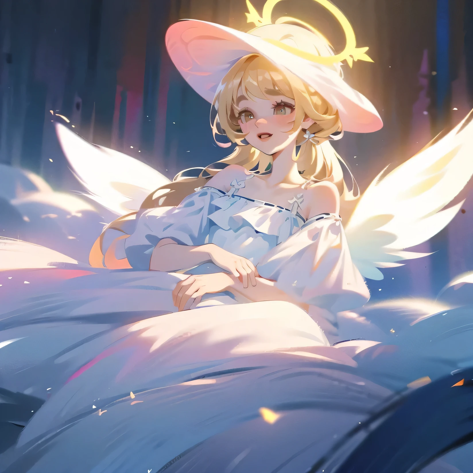 (High quality) (best quality) (A woman) (correct physiognomy) (best quality, 4k, 8K, high resolution, masterpiece: 1.2) woman, Extremely beautiful, Around 20 years old, long blonde hair with bangs on the back front, four small angel wings emerge from her head, two on the left side and two on the right side, two angel wings coming out of her back, a golden halo behind her head, golden eyes, sensitive lips, middle age, white dress with straps on the shoulders, skirt cut diagonally leaving one leg exposed, soft facial features, fine eyebrows, soft skin, slightly rosy cheeks, pink lips, silky eyelashes, dreamy expression, photo location the woman must be in a pond with water and fish in the middle of the forest, photo illuminated by sunlight, full body proportion, showing in the photo the body from head to torso