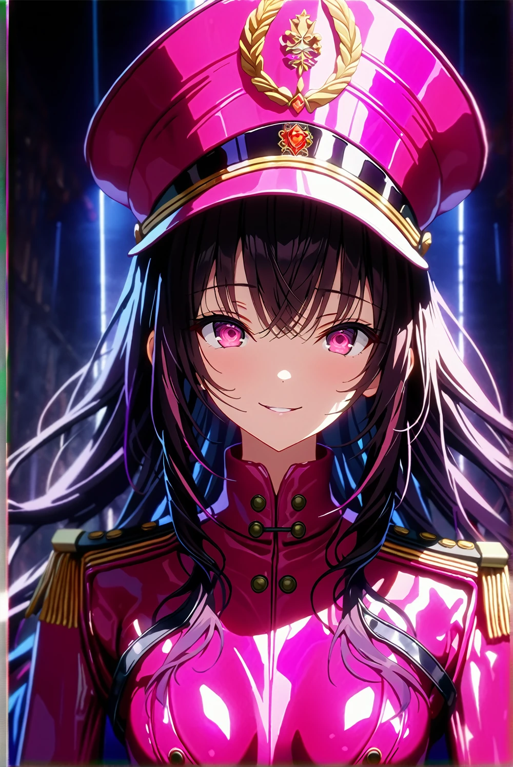 masterpiece, best quality, 1girl,seductive smile,pink eyes,hollow eyes,black long hair, (finely detailed beautiful eyes and detailed face),pink leotard,latex costume,military coat,military hat,cinematic lighting,bust shot,extremely detailed CG unity 8k wallpaper,solo,(enamel leotard:0.3),