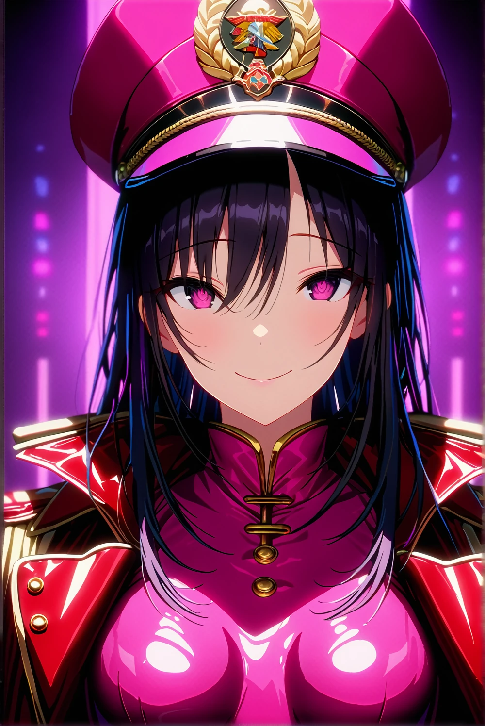 masterpiece, best quality, 1girl,seductive smile,pink eyes,hollow eyes,black long hair, (finely detailed beautiful eyes and detailed face),pink leotard,latex costume,military coat,military hat,cinematic lighting,bust shot,extremely detailed CG unity 8k wallpaper,solo,(enamel leotard:0.3),