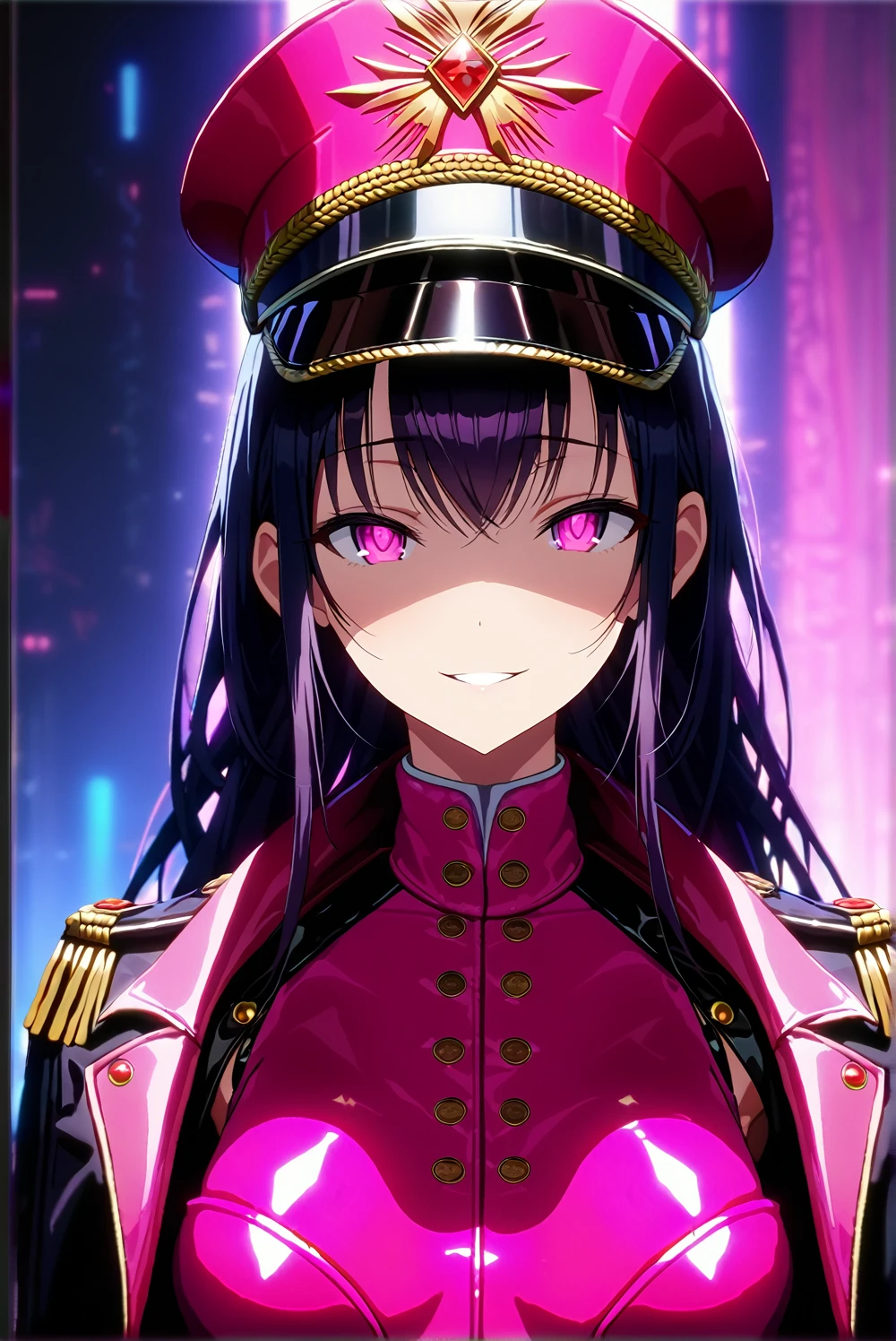 masterpiece, best quality, 1girl,seductive smile,pink eyes,hollow eyes,black long hair, (finely detailed beautiful eyes and detailed face),pink leotard,latex costume,military coat,military hat,cinematic lighting,bust shot,extremely detailed CG unity 8k wallpaper,solo,(enamel leotard:0.3),