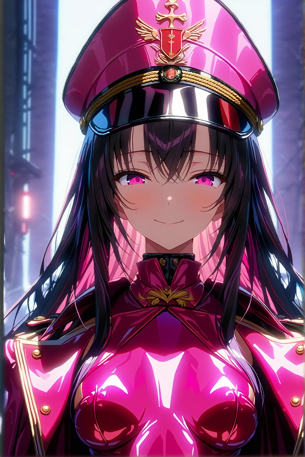 masterpiece, best quality, 1girl,seductive smile,pink eyes,hollow eyes,black long hair, (finely detailed beautiful eyes and detailed face),pink leotard,latex costume,military coat,military hat,cinematic lighting,bust shot,extremely detailed CG unity 8k wallpaper,solo,(enamel leotard:0.3),