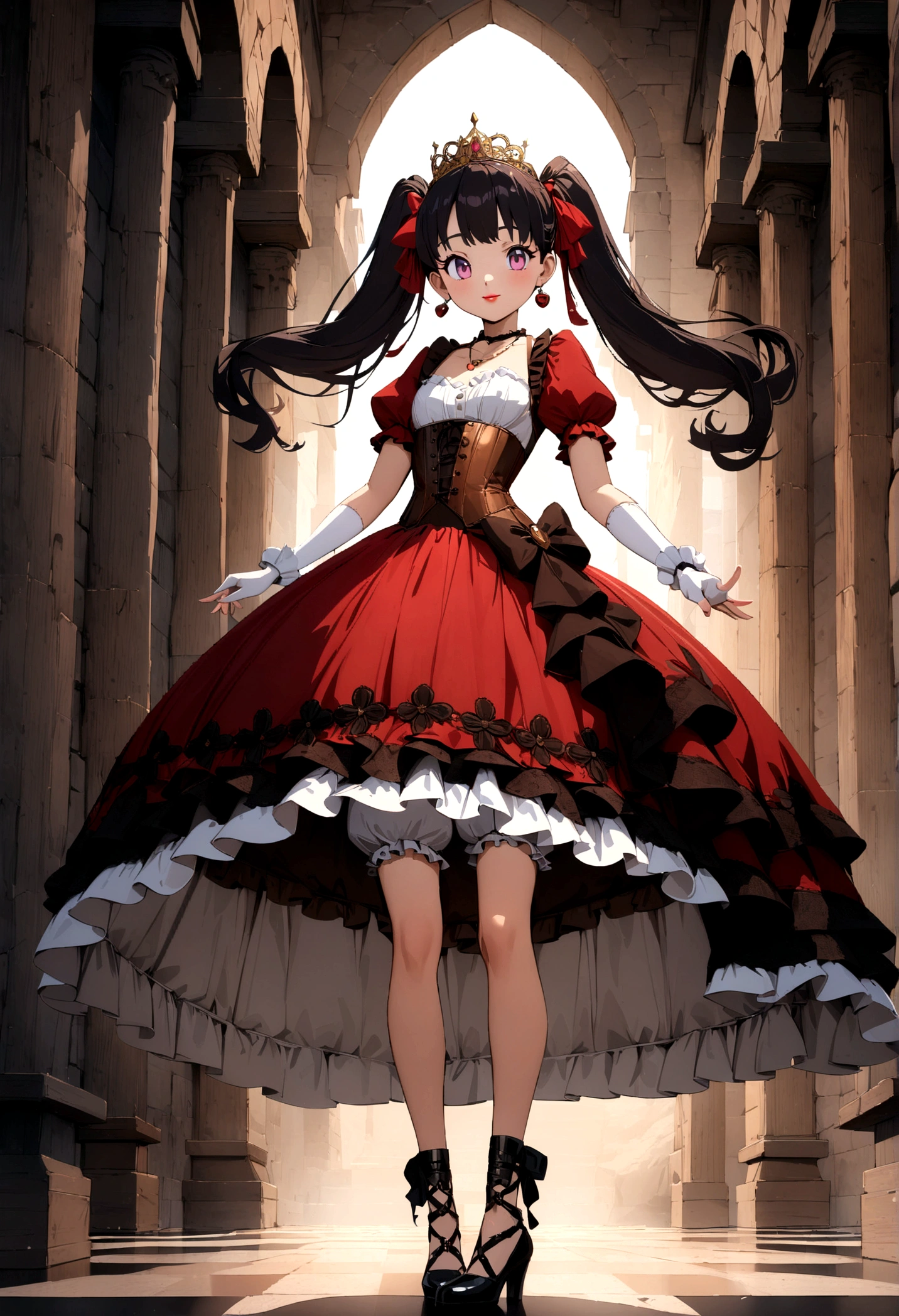 (best quality,4k,8k,highres,masterpiece:1.2),ultra-detailed, Pretty  princess, drawn in anime style, is cute and happy, long red pigtails hair, pink eyes, small breast, makeup and lipstick, steampunk, red ball gown with puffy sleeves, physically-based rendering,gorgeous frilly dress design,flowing gown,elaborate lace details,rich textures,contrast stitching,delicate ribbon bows,floral accents, daisy flowers embroidery, full skirt,short sleeves,fitted waistline,flared cuffs,lace-up back,luxurious fabrics,flawless silhouette, petticoat, bloomers, bustle, corset, hair ribbons, white elbow gloves, ruby earrings and necklace, gold tiara, high heels, holding a fencing sword, standing in castle bedroom, highly detailed, 4K.