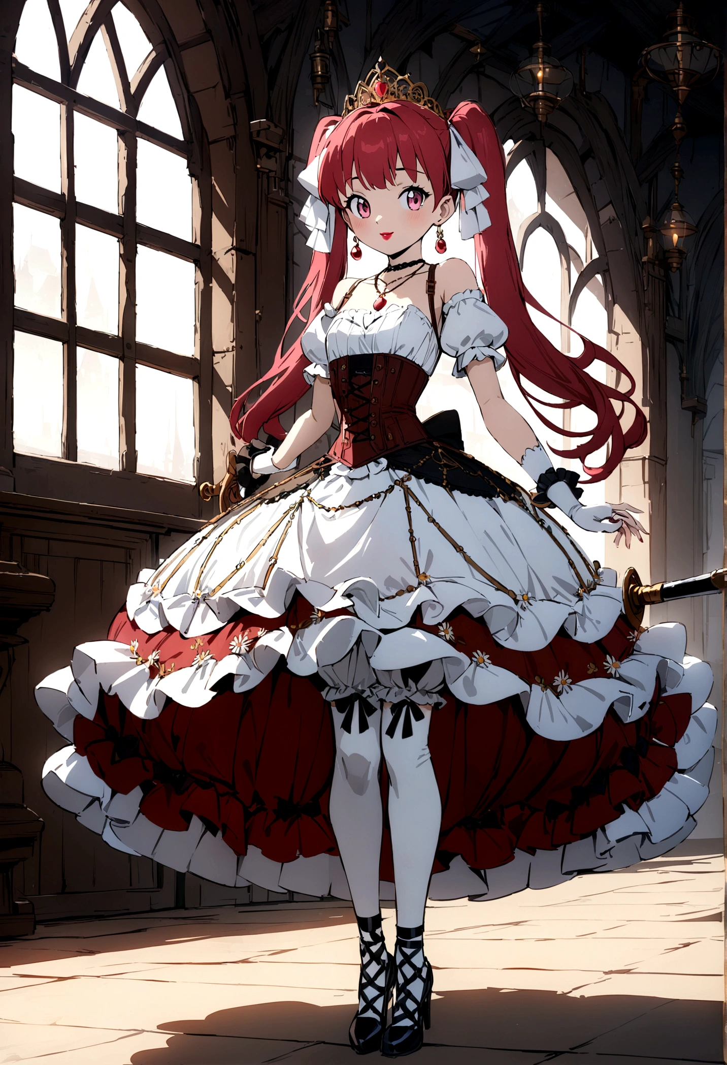 (best quality,4k,8k,highres,masterpiece:1.2),ultra-detailed, Pretty 15 years old princess, drawn in anime style, is cute and happy, long red pigtails hair, pink eyes, small breast, makeup and lipstick, steampunk, red ball gown with puffy sleeves, physically-based rendering,gorgeous frilly dress design,flowing gown,elaborate lace details,rich textures,contrast stitching,delicate ribbon bows,floral accents, daisy flowers embroidery, full skirt,short sleeves,fitted waistline,flared cuffs,lace-up back,luxurious fabrics,flawless silhouette, petticoat, bloomers, bustle, corset, hair ribbons, white elbow gloves, ruby earrings and necklace, gold tiara, high heels, holding a fencing sword, standing in castle bedroom, highly detailed, 4K.
