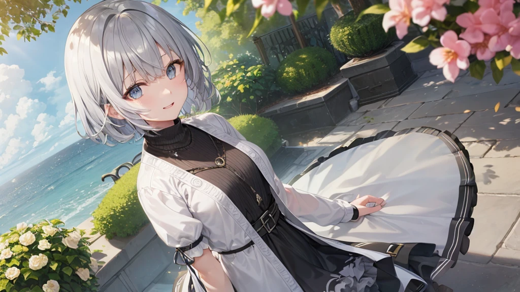 Her eyes were shining、Mysterious and enchanting atmosphere。With AI Painting、とてもShort Hair, Long bangs between the eyes, Grey Eyes , Very detailed,(masterpiece、Highest quality)、alone、Gray Hair、Fantasy, Silver Hair, Beautiful Eyes,Ecstasy, charm, attract the audience, Fantasyな風景、White shirt、smile、Open your mouth、Scarf、short hair、Short Hair、hairpin、Dark Eyes