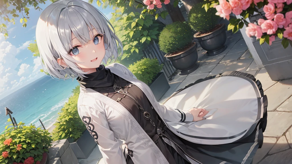 Her eyes were shining、Mysterious and enchanting atmosphere。With AI Painting、とてもShort Hair, Long bangs between the eyes, Grey Eyes , Very detailed,(masterpiece、Highest quality)、alone、Gray Hair、Fantasy, Silver Hair, Beautiful Eyes,Ecstasy, charm, attract the audience, Fantasyな風景、White shirt、smile、Open your mouth、Scarf、short hair、Short Hair、hairpin、Dark Eyes