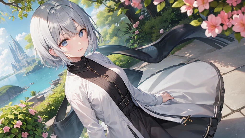 Her eyes were shining、Mysterious and enchanting atmosphere。With AI Painting、とてもShort Hair, Long bangs between the eyes, Grey Eyes , Very detailed,(masterpiece、Highest quality)、alone、Gray Hair、Fantasy, Silver Hair, Beautiful Eyes,Ecstasy, charm, attract the audience, Fantasyな風景、White shirt、smile、Open your mouth、Scarf、short hair、Short Hair、hairpin、Dark Eyes