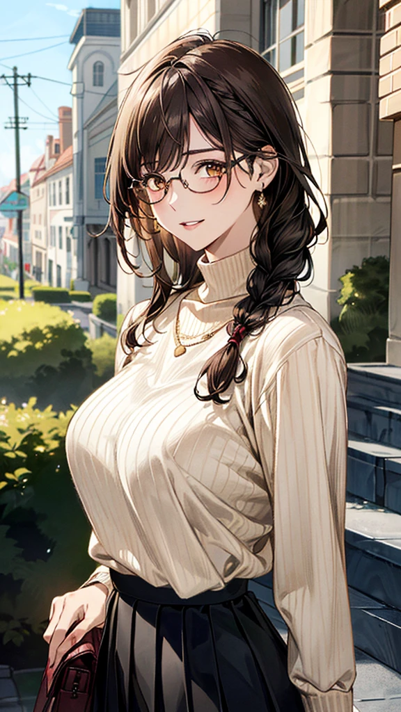 (masterpiece:1.3, top-quality), ultra high res, ultra detailed, (realistic, photorealistic:1.4), beautiful illustration, perfect lighting, colorful, depth of fields,
looking at viewer, (face focus, upper body), 1 girl, solo, hight school girl, gravure model, (large breasts:0.8, large ass, seductive thighs, skindentation),
(middle hair:1.2, single braid, (beige) hair), bangs, braided bangs, (gold eyes), drooping eyes, parted lips, shiny skin,
beautiful hair, beautiful face, extremely detailed face, beautiful detailed eyes, beautiful clavicle, beautiful body, beautiful chest, beautiful thigh, beautiful legs, beautiful fingers,
(detailed cloth texture, (darkturquoise) long sleeve high neck sweater, black pleated skirt, (dark brown casket)), round glasses, shoulder bag, garnet necklace,
(beautiful scenery), evening, (downtown, staircase), walking, (seductive-smile), Huge chest