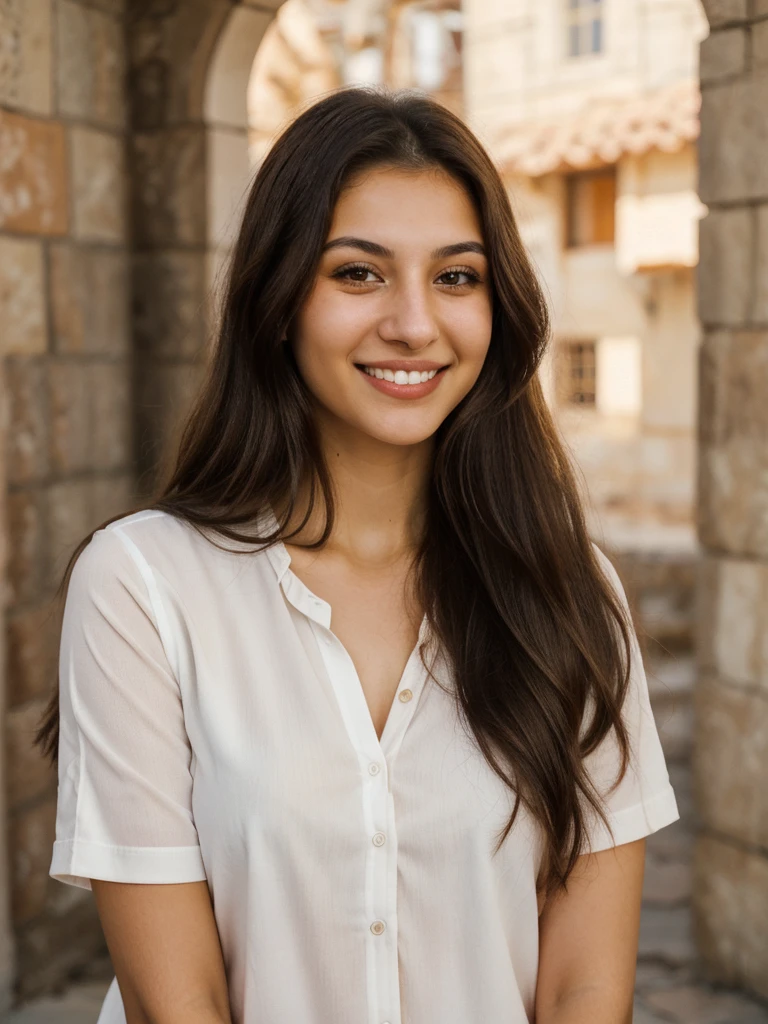 24YO, one half Russian half Jordanian women, cute smile, white teethes, long burnt orange shirt, light brown eyes, small nose, black/brown long hair