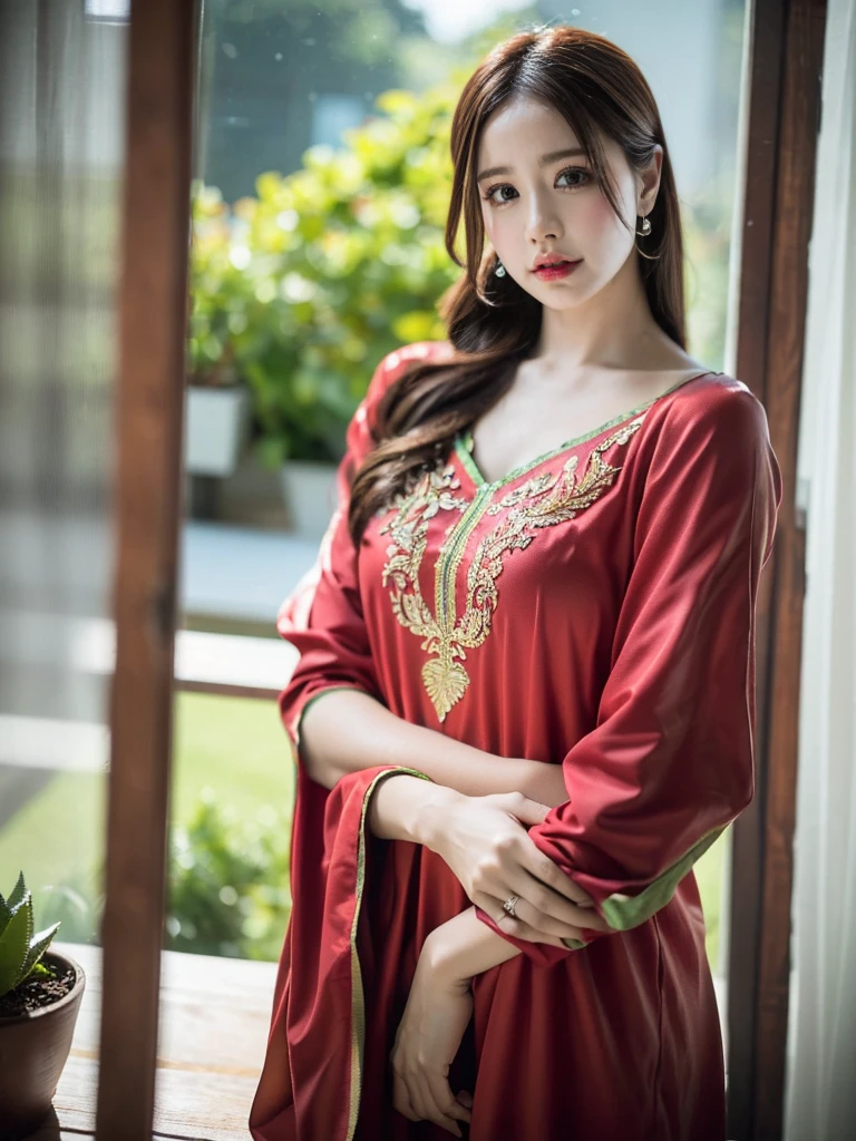 (((HD photo))), ultra high res.photorealistic:. 1.4, UHD (best quality,4k,8k,highres,masterpiece:1.3),ultra-detailed,(realistic,photorealistic,photo-realistic:1.37),1 girl,beautiful detailed eyes,beautiful detailed lips,extremely detailed face,long eyelashes,medium:oil painting,soft lighting,impressionistic style,red colors,beautifully shalwar kameez dressed,wistful expression,standing with one hand on the window frame,gentle breeze blowing her hair,warm sunlight streaming through the window,green plants visible outside the window,soft curtains framing the girl,peaceful atmosphere,serene and tranquil ambiance
