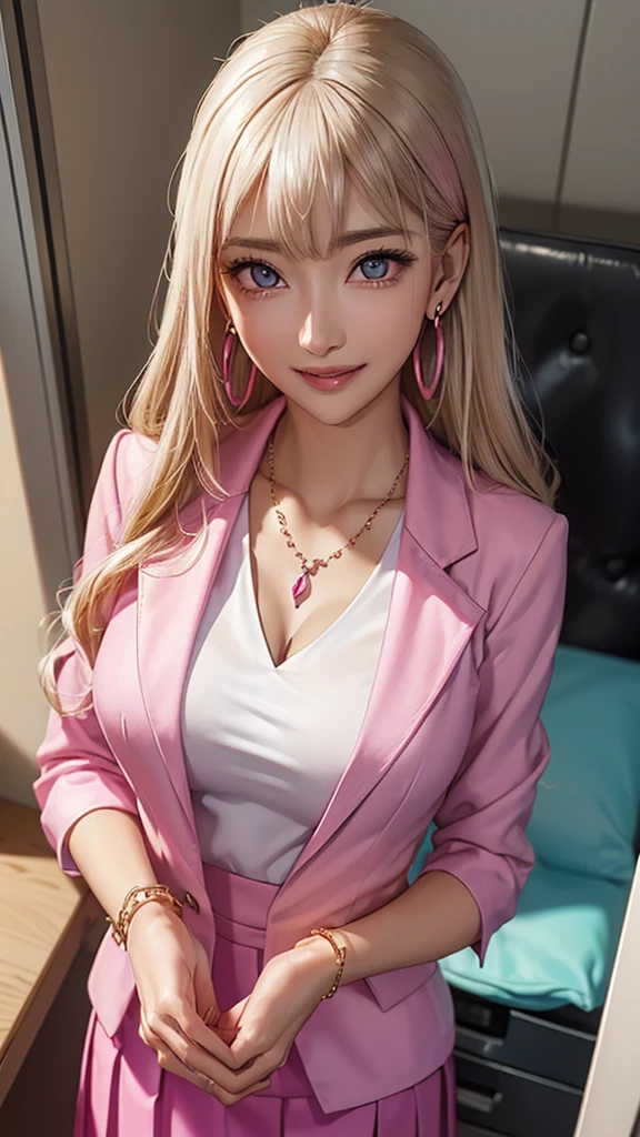 ((Biologically correct limb and finger count))、((Standing posture))、Masterpiece、((focus on the face))、((Symmetrical facial features))、Eyes with detailed description、Beautiful woman、Outstanding style、Detailed depiction of faces、Earrings、necklace、(shirt、Passion pink suit、skirt)、smile、Work scene in the office,