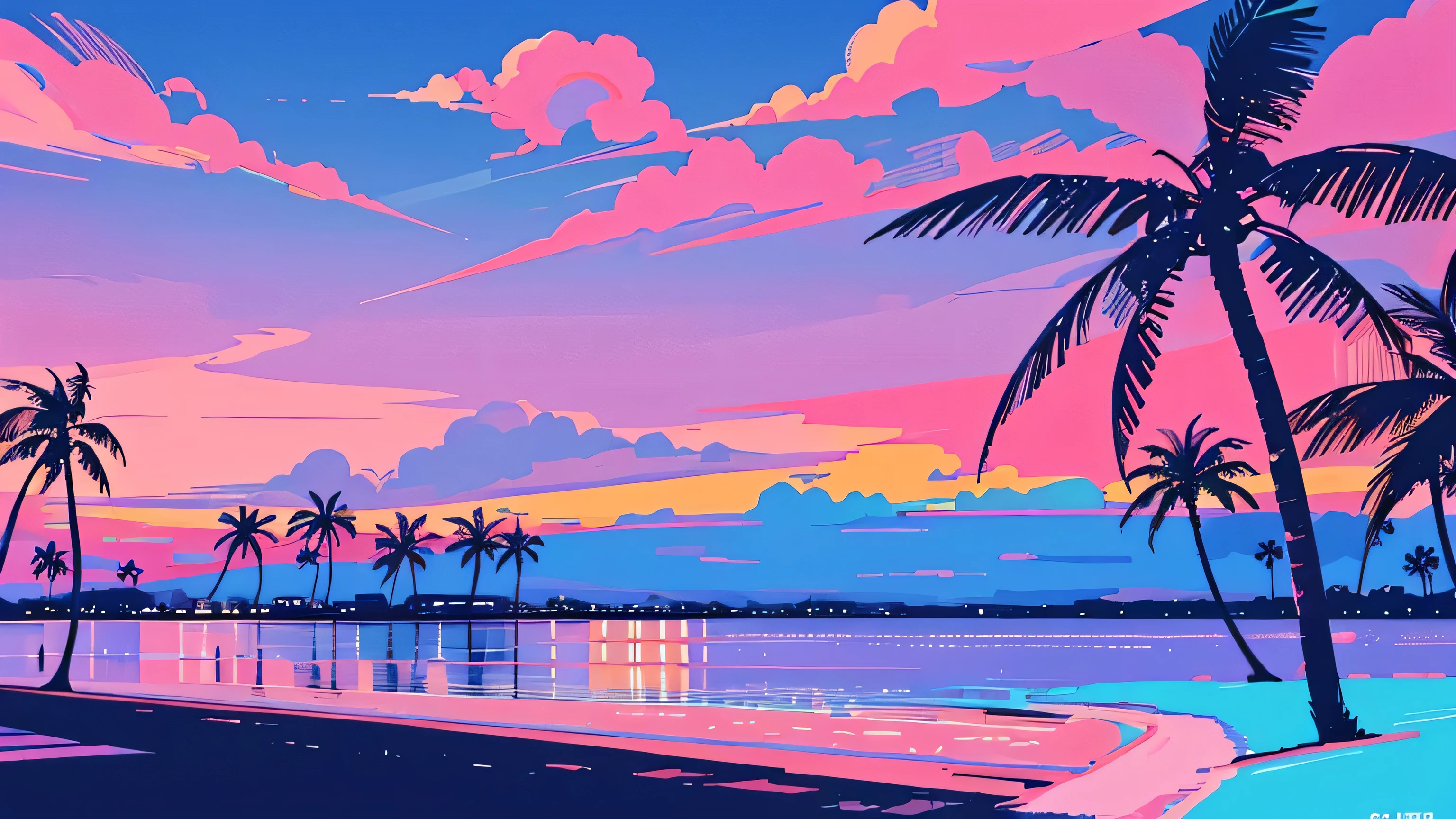 Seaside, Pink Sky, Palm tree, Blue Classic Car, Blue and pink neon,Lo-fi illustration, anime art wallpaper 4k, anime art wallpaper 4k,One Girl,