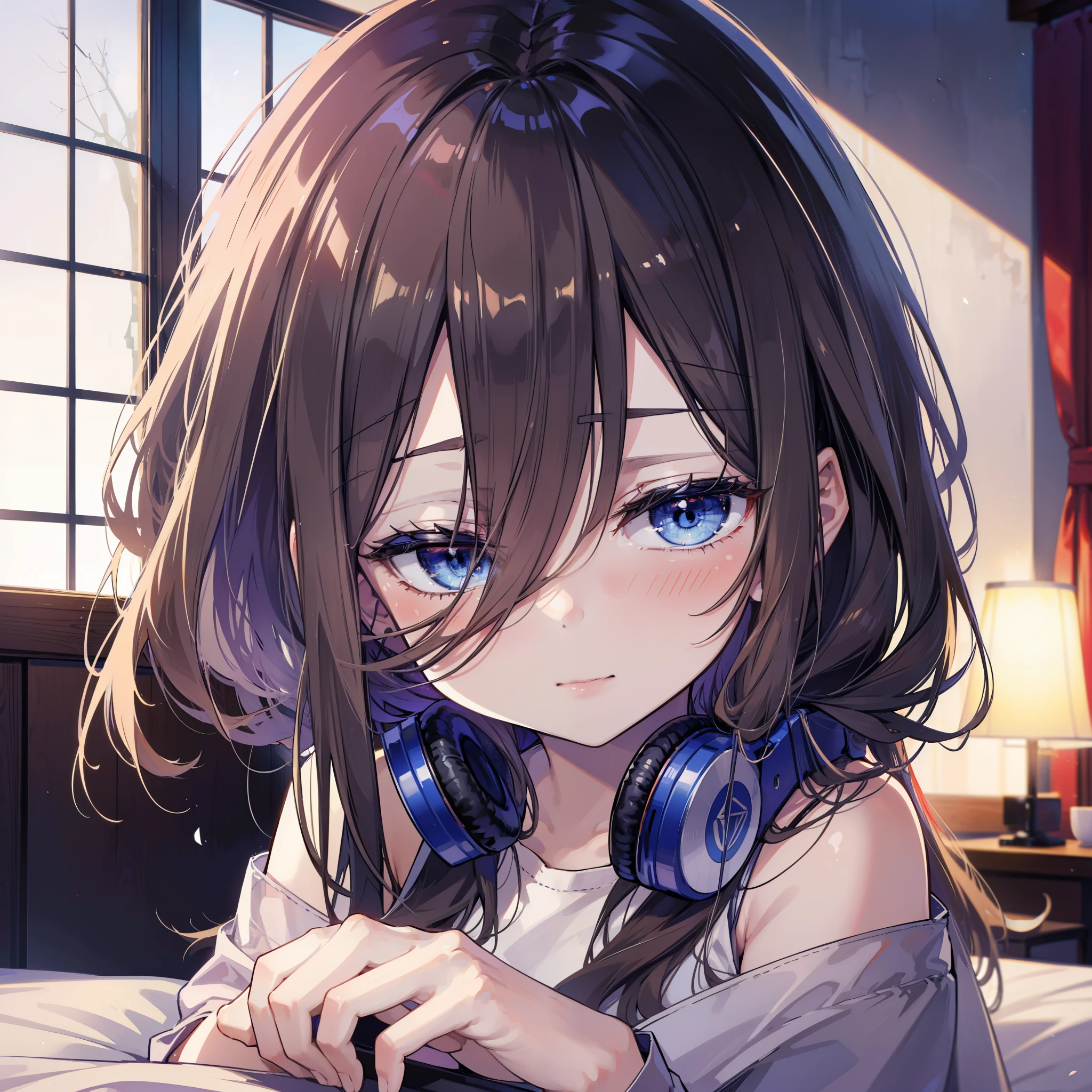 Mikunakano, miku nakano, Long Hair, bangs, blue eyes, Brown Hair, shirt, Hair between the eyes,smile,Open your mouth, Messy Hair,オーバサイズtshirt,One Shoulder,Black string underwear,barefoot,Sitting on the bed,sleepy,Squinting,morning,morning陽,The sun is rising,Building district,whole bodyがイラストに入るように,
break indoors, Bedroom,
break looking at viewer, whole body,
break (masterpiece:1.2), Highest quality, High resolution, unity 8k wallpaper, (figure:0.8), (Beautiful attention to detail:1.6), Highly detailed face, Perfect lighting, Highly detailed CG, (Perfect hands, Perfect Anatomy),