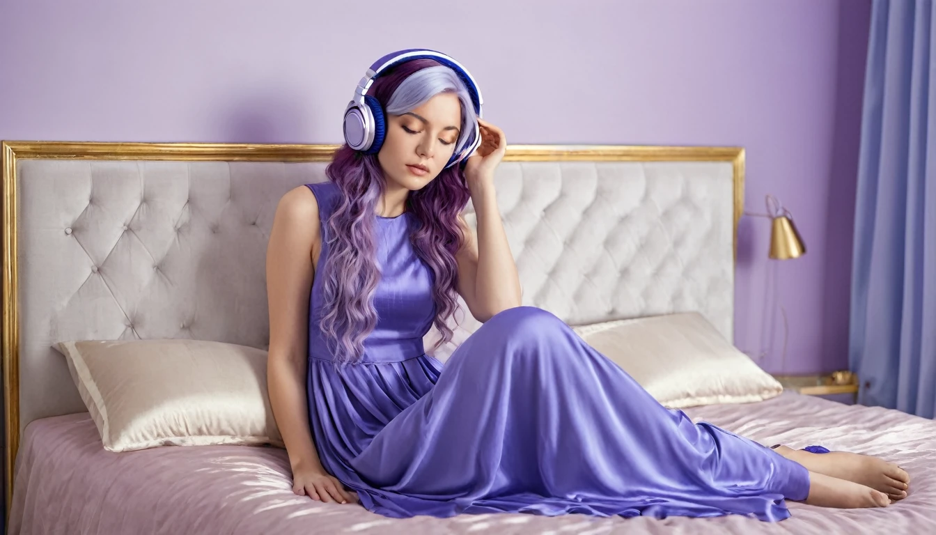 8k, digital image, hdr, sitting in the bedroom, lilac bedroom, windows, a beautiful woman, 25 years old, sitting on the bed sideways, beautiful, eyes closed, long purple hair, with bleutoth headphones, blue silk dress, headphones by ear, ivory column with gold