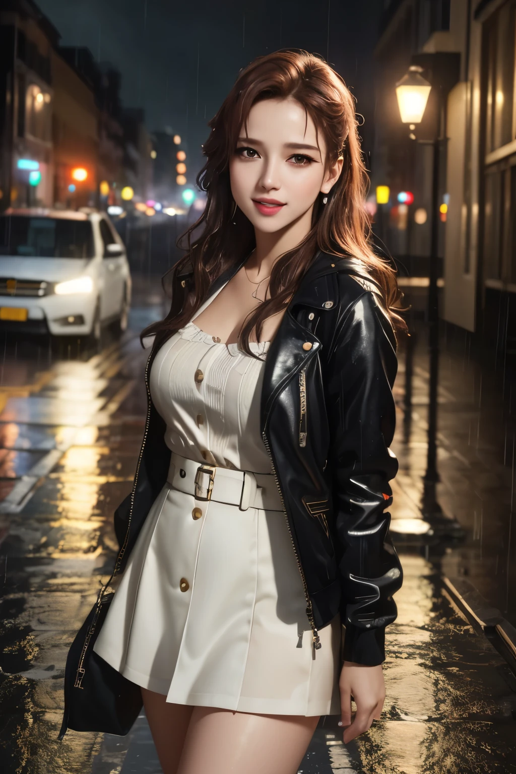 (8k, RAW photo, best quality, masterpiece:1.2), (realistic, photo-realistic:1.37), omertosa, 1girl, (Kpop idol), (aegyo sal:1), cute, cityscape, rain, wet, professional lighting, photon mapping, radiosity, physically-based rendering,,  