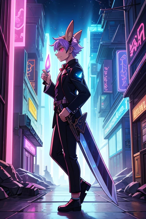 human Sorcerer secret agent, full body, wearing an elegant suit made with fine fabric and with magic circuits, holding in both hands a sword with a long handle with magical carved details glowing, whole rabbit ears, human face, glowing eyes, RPG fantasy, tanned skin, neon punk, art book, Studio ghibli, wide setting, in the middle of a magical cyber punk retro metropolis, magical light reflected in the hair and ear, aura of light, stylish pose, side view