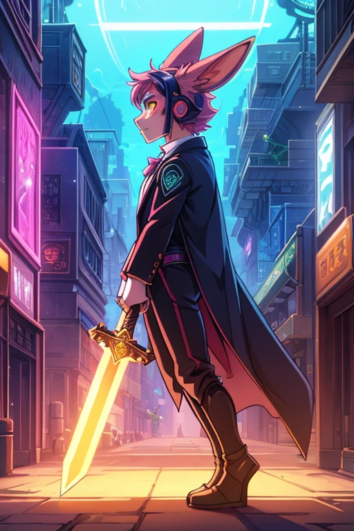human Sorcerer secret agent, full body, wearing an elegant suit made with fine fabric and with magic circuits, holding in both hands a sword with a long handle with magical carved details glowing, whole rabbit ears, human face, glowing eyes, RPG fantasy, tanned skin, neon punk, art book, Studio ghibli, wide setting, in the middle of a magical cyber punk retro metropolis, magical light reflected in the hair and ear, aura of light, stylish pose, side view