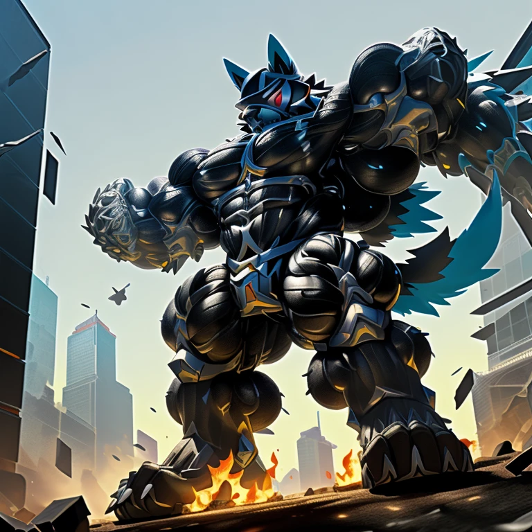 (masterpiece. official art. 8k. best quality. detailed full body. full body.)

(situation 1 : dominating LUCARIO. focus GIANT mechanical Muscular LUCARIO is trampling the CITY. macro. stomp. Low-angle perspective. emphasizing the immense size. The perspective is from below, emphasizing the sheer majesty and power of the Giant. giant art. He is much bigger than a skyscraper. Giga Giants. micro soccer field. looking down.)

(situation 2 :smoke and flames rising from the destruction in the city)

(Additional details 1: wearing a full-face helmet. helmet is jet black. The color of NANOSUIT is jet black. high-tech bio-mecha armor. real texture material. whole body shines like metal. Wearing cyberpunk mecha. emphasizes the muscles. suit fully made of metal. intricate armor. Robotic suit. suit fully made of metal. NANOSUIT with the same design as LUCARIO.).

(Additional details 2: (Detailed head. Detailed Body. Detailed abs. gigantic muscles. HYPER MUSCLES. Gigachad Muscular. big muscle. pecs. triceps. traps. unusually developed muscular body. body full of huge muscles. showing off muscles. pectorales enormes. Exaggeratedly huge muscles. huge muscles. long legs.).

(Additional details 3: nj5furry, Spread wings. It has wings. black have big wings. The claws are sharp. Sharp teeth.5 toes.). 