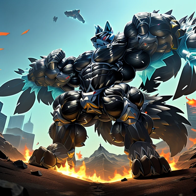 (masterpiece. official art. 8k. best quality. detailed full body. full body.)

(situation 1 : dominating mega_lucario. focus GIANT mechanical Muscular mega_lucario is trampling the CITY. macro. stomp. Low-angle perspective. emphasizing the immense size. The perspective is from below, emphasizing the sheer majesty and power of the Giant. giant art. He is much bigger than a skyscraper. Giga Giants. micro soccer field. looking down.)

(situation 2 :smoke and flames rising from the destruction in the city)

(Additional details 1: wearing a full-face helmet. helmet is jet black. The color of NANOSUIT is jet black. high-tech bio-mecha armor. real texture material. whole body shines like metal. Wearing cyberpunk mecha. emphasizes the muscles. suit fully made of metal. intricate armor. Robotic suit. suit fully made of metal. NANOSUIT with the same design as mega_lucario.).

(Additional details 2: (Detailed head. Detailed Body. Detailed abs. gigantic muscles. HYPER MUSCLES. Gigachad Muscular. big muscle. pecs. triceps. traps. unusually developed muscular body. body full of huge muscles. showing off muscles. pectorales enormes. Exaggeratedly huge muscles. huge muscles. long legs.).

(Additional details 3: nj5furry, Spread wings. It has wings. black have big wings. The claws are sharp. Sharp teeth.). 