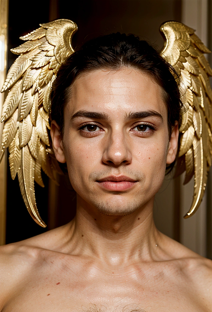 Homem romano realista beleza masculina nariz fino labios carnudos queixo qyadrado diamante. With angel wings on golden heads